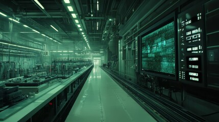 Fototapeta premium Futuristic factory interior with green lighting, long corridor, and advanced machinery.