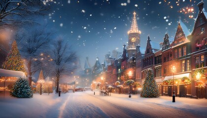 Obraz premium Ciudades nevadas con luces navideñas