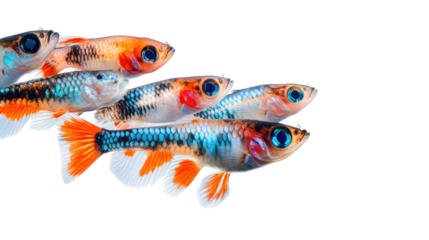 Colorful School of  Melanotaenia praecox: Vibrant, multicolored fish swim in a synchronized formation.  A captivating underwater scene showcasing the beauty and elegance of these aquatic creatures.