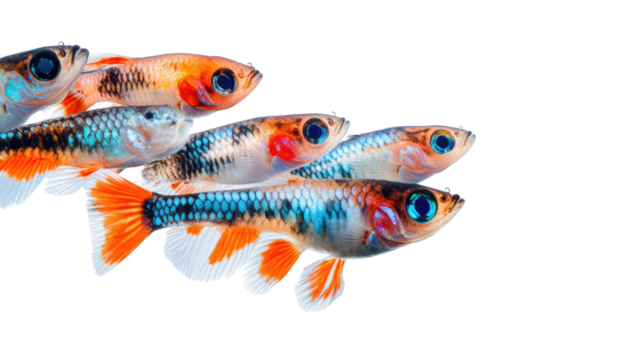 Colorful School of  Melanotaenia praecox: Vibrant, multicolored fish swim in a synchronized formation.  A captivating underwater scene showcasing the beauty and elegance of these aquatic creatures.