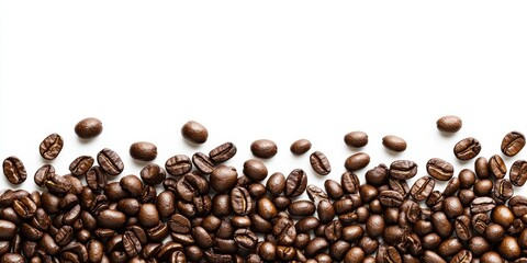 Isolated coffee beans on a white background provide ample copyspace for text, making this coffee image ideal for showcasing coffee texture or enhancing any coffee related theme.
