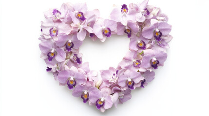 A heart-shaped floral masterpiece made from pastel lavender orchids, each flower detailed with subtle veining and soft color variations, resting beautifully on a stark white background