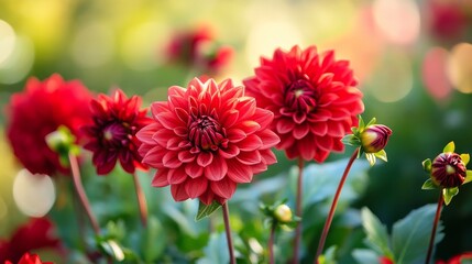 Stunning red dahlia flowers blooming in the garden create a vibrant display, showcasing the beauty of red dahlias that add color and charm to any garden setting.
