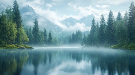 Fototapeta premium Misty mountain lake, serene forest reflection.