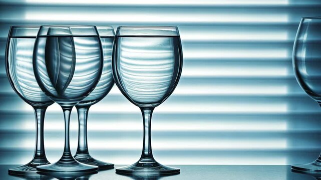 Elegant arrangement of glassware reflecting light patterns on a surface during the day