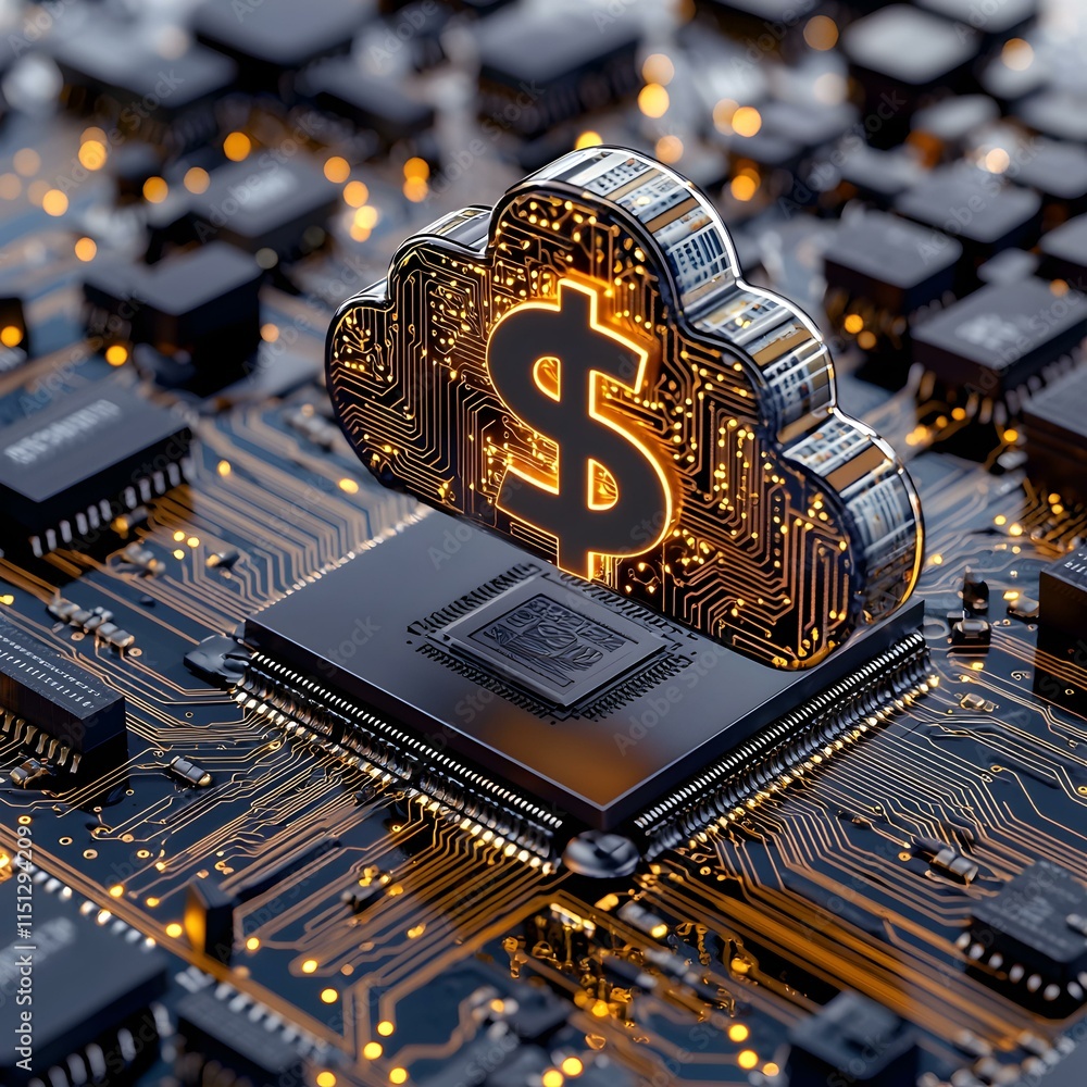 Poster concept of cloud computing costs with dollar sign and circuit board