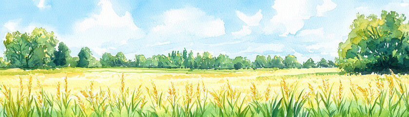 A serene landscape featuring golden fields under a bright blue sky, surrounded by lush green trees, evoking a peaceful, natural atmosphere.