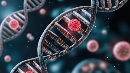 Cancer disease idea. Close-up view of DNA strands showcasing genetic structure and cell interactions.