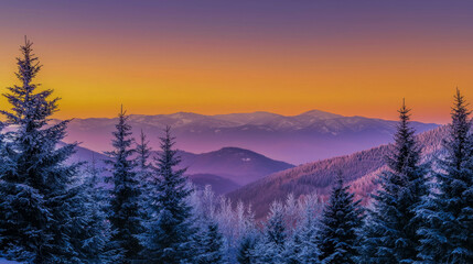 Majestic winter sunset over snow-covered mountain ridge