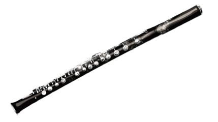 Black Clarinet:  A black clarinet rests on a white background, ready to play its melodious tune. The instrument's shiny keys and polished body are a testament to its elegance and craftsmanship.  