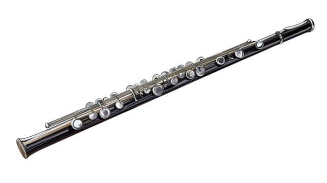 Black Flute: A classic black woodwind instrument with silver keys. The flute is in focus, and the background is blurred.