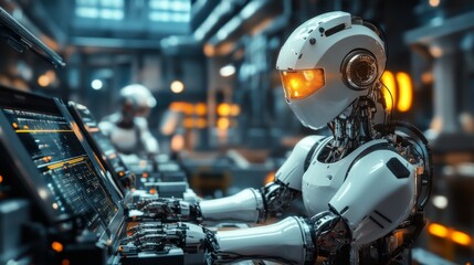 Fototapeta premium Futuristic robot operating industrial machinery in a factory.