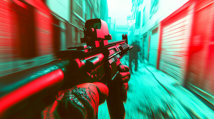 First-person perspective: tactical simulation with weapon in urban environment