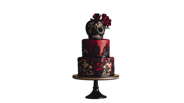Red-black cake in the shape of a skull and a bouquet of roses. Gothic theme. Isolated on a transparent background.