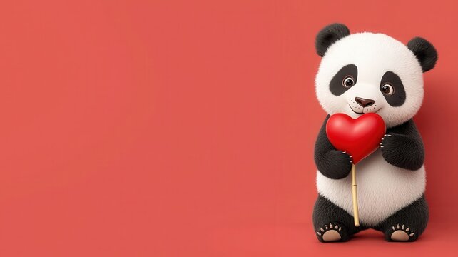 Adorable Panda with Heart: 3D rendered image of a cute panda bear holding a heart-shaped lollipop against a vibrant red background. Perfect for Valentine's Day, children's projects.