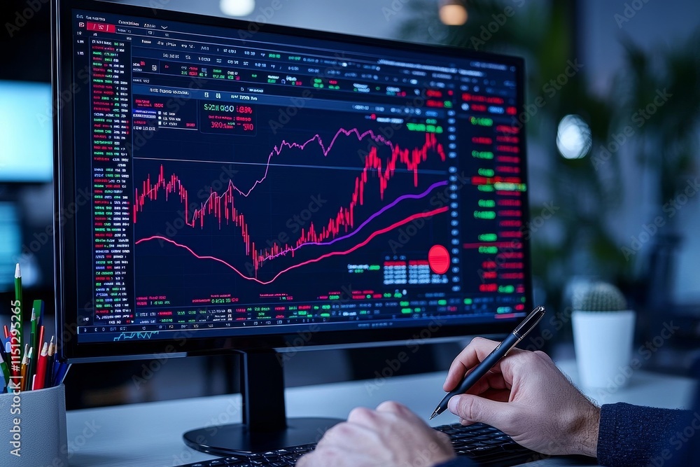 Poster a finger indicates a computer screen displaying live stock market data, highlighting an upward trend