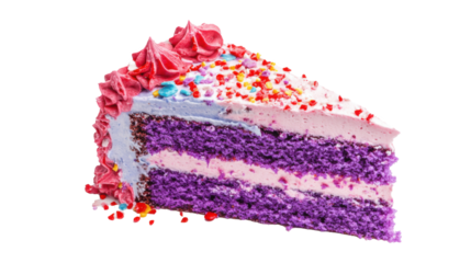 Purple cake with cream, sliced, isolated on transparent background.