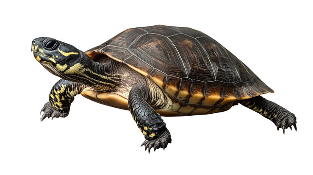 A Turtle's Steady Pace: A close-up portrait of a turtle, showcasing its intricate shell patterns and deliberate gait. The image evokes a sense of tranquility and resilience.