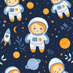 A repeating space-themed pattern with hand-drawn astronaut helmets, rockets, and planets, illustrated in deep blues, silvers, and pops of orange, evoking an adventurous cosmic vibe. 