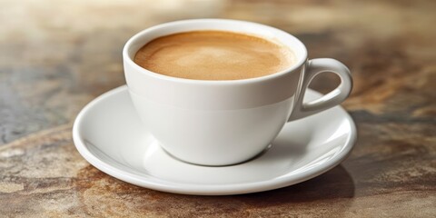 Fototapeta premium White cup filled with coffee sits on a white saucer. The coffee in the white cup contrasts beautifully against the textured board background, creating a charming presentation of coffee.