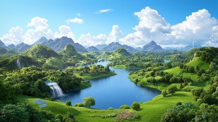 A landscape showcasing wind turbines, solar panels, and a hydroelectric dam on the lakeshore, against a mountain range.