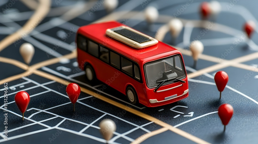 Poster red bus model on map with pins indicating travel route