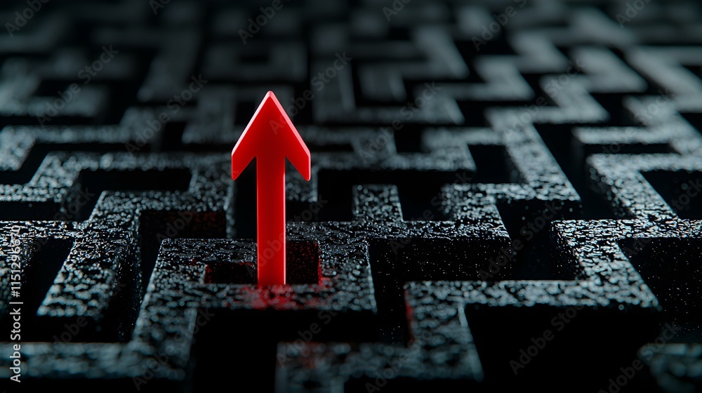 Poster red arrow guiding through complex black maze for navigation concepts
