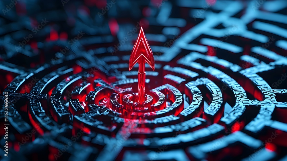 Poster red arrow navigating through complex maze design in dark environment