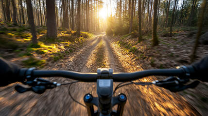 riding a mountainbike during spring in the forest during mid-day with a eye-level angle 