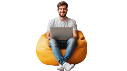 Relaxed Work From Home: Man working on laptop in comfy beanbag chair 
