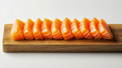 Sliced fresh salmon fillet on wooden board