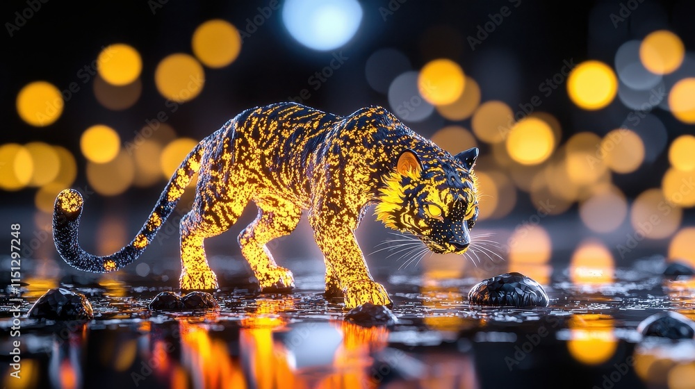 Poster illuminated tiger walking on a reflective surface with colorful bokeh background