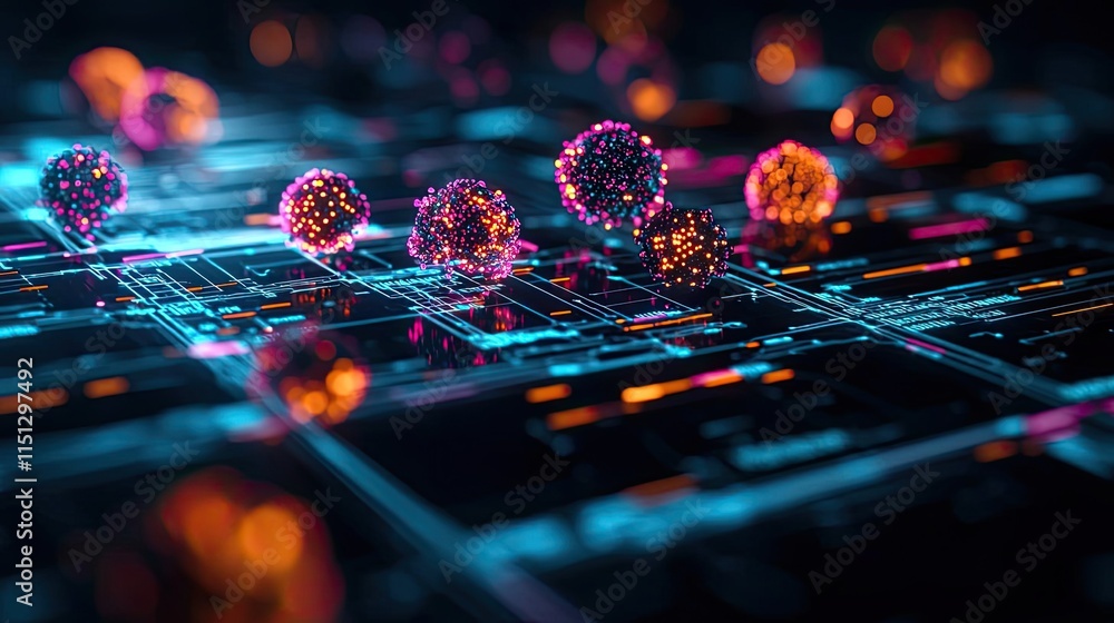 Poster cancer disease idea. 3d visualization of digital particles in a network, representing data flow and 