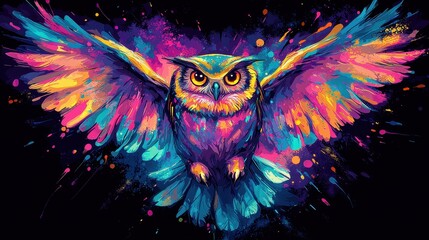Obraz premium Vibrant Colorful Owl Illustration with Wings Spread in Abstract Art Style