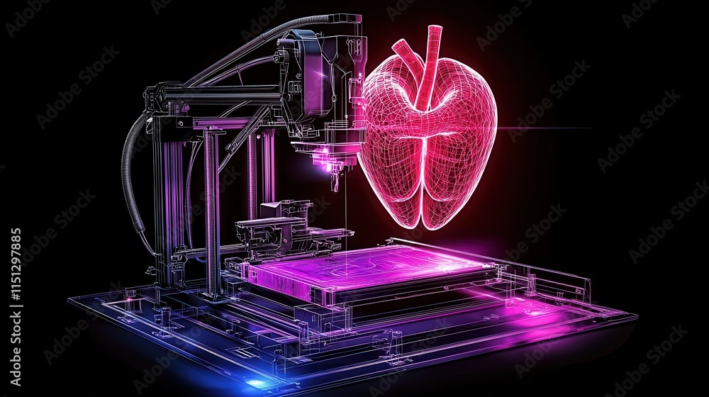 Poster 3d printing technology creating heart model in futuristic digital environment