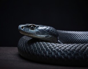 Obraz premium Close-up of a menacing black snake coiled in a dark background