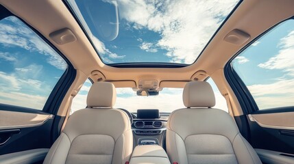 Fototapeta premium Interior view of a car with a panoramic sunroof and sky visible.