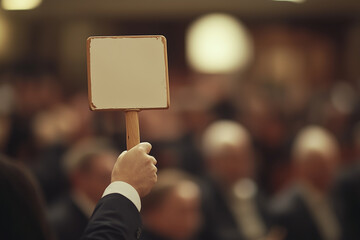 A bidder raises a blank paddle during an auction in a crowded room, signaling interest in making an offer.
