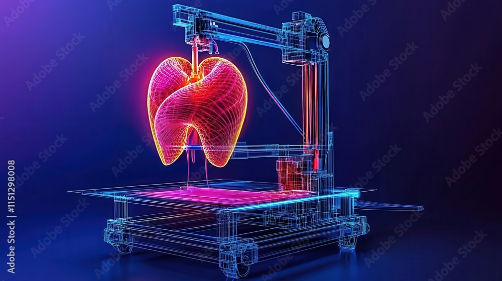 Poster 3d printing technology for medical applications with heart shaped object visualization