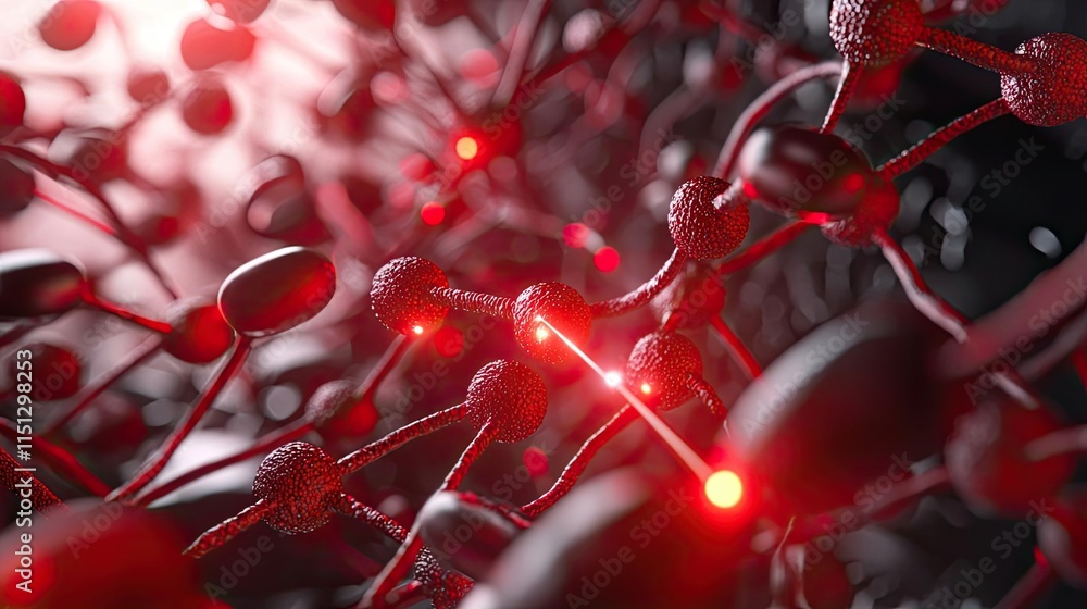 Poster diabetes disease concept. close-up view of molecular structure illuminated with red light and shadow