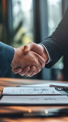 Close-up of a handshake between two professionals in formal suits over a desk with documents, symbolizing agreement, business deals, or partnerships  
