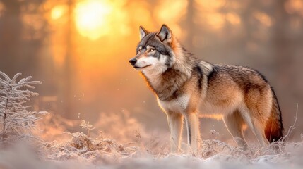 Obraz premium Majestic wolf standing in winter landscape at sunrise with warm sunlight glowing through mist