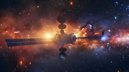 Spacecraft Solar Panels Reflecting Sunlight Amidst Distant Galaxies, Exploration Mission Highlighting Technology and Science