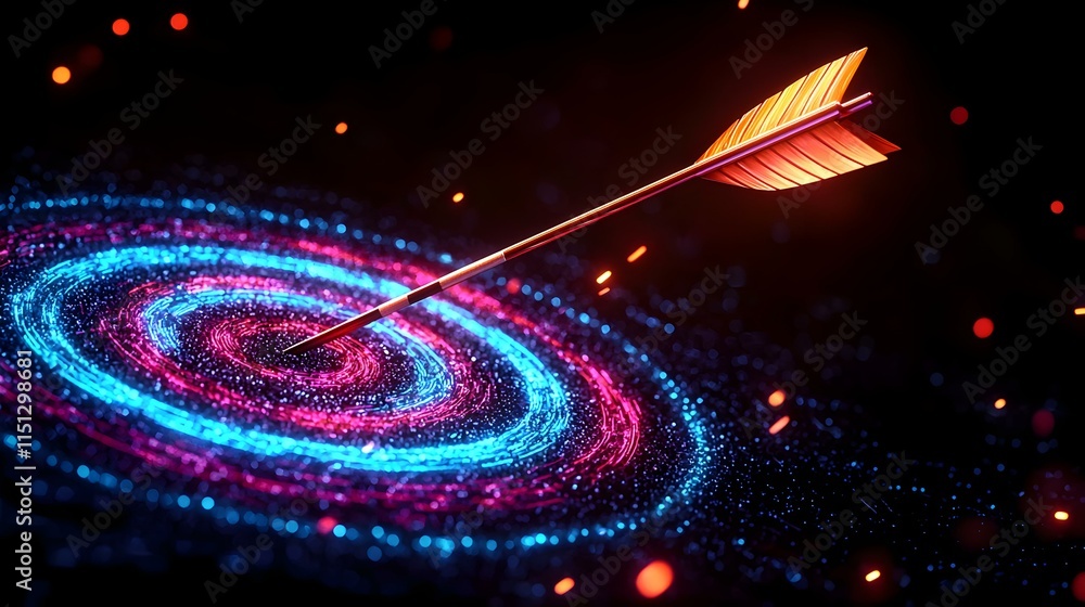 Poster colorful arrows hitting the target in a dynamic abstract background