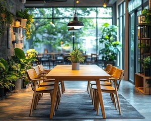 Obraz premium Green and sustainable meeting room in a modern office, wooden furniture, plants, and a positive environment for better ideas and work culture
