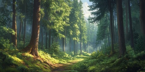 Obraz premium A serene forest landscape showcasing the beauty of the Carpathian mountains, featuring lush greenery, tall trees, and a tranquil atmosphere that defines this enchanting forest setting.