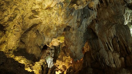 Amazing stalactites and stalagmites in Thien Cung Cave, known as Heaven's Cave, in Ha Long Bay, Vietnam.