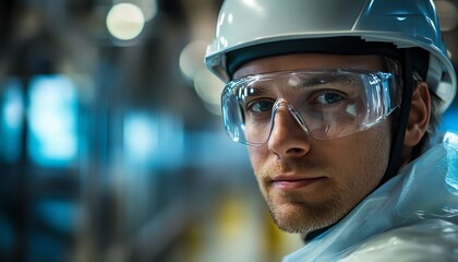 Industrial worker wearing safety helmet, protective glasses, and mask, highlighting work safety and protection equipment in a factory setting