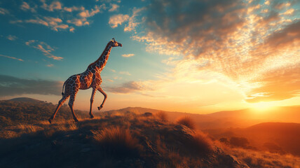 running giraffe during sunrise in a mountain with a eye-level angle 