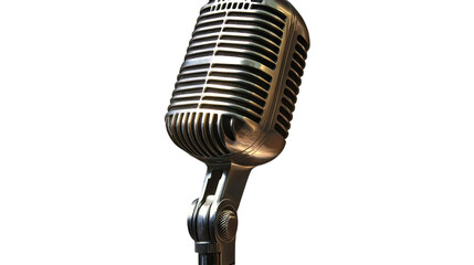 Fototapeta premium Vintage Microphone: A classic silver microphone, with a warm, vintage aesthetic. The microphone is isolated against a simple background, making it perfect for use in presentations, podcasts.